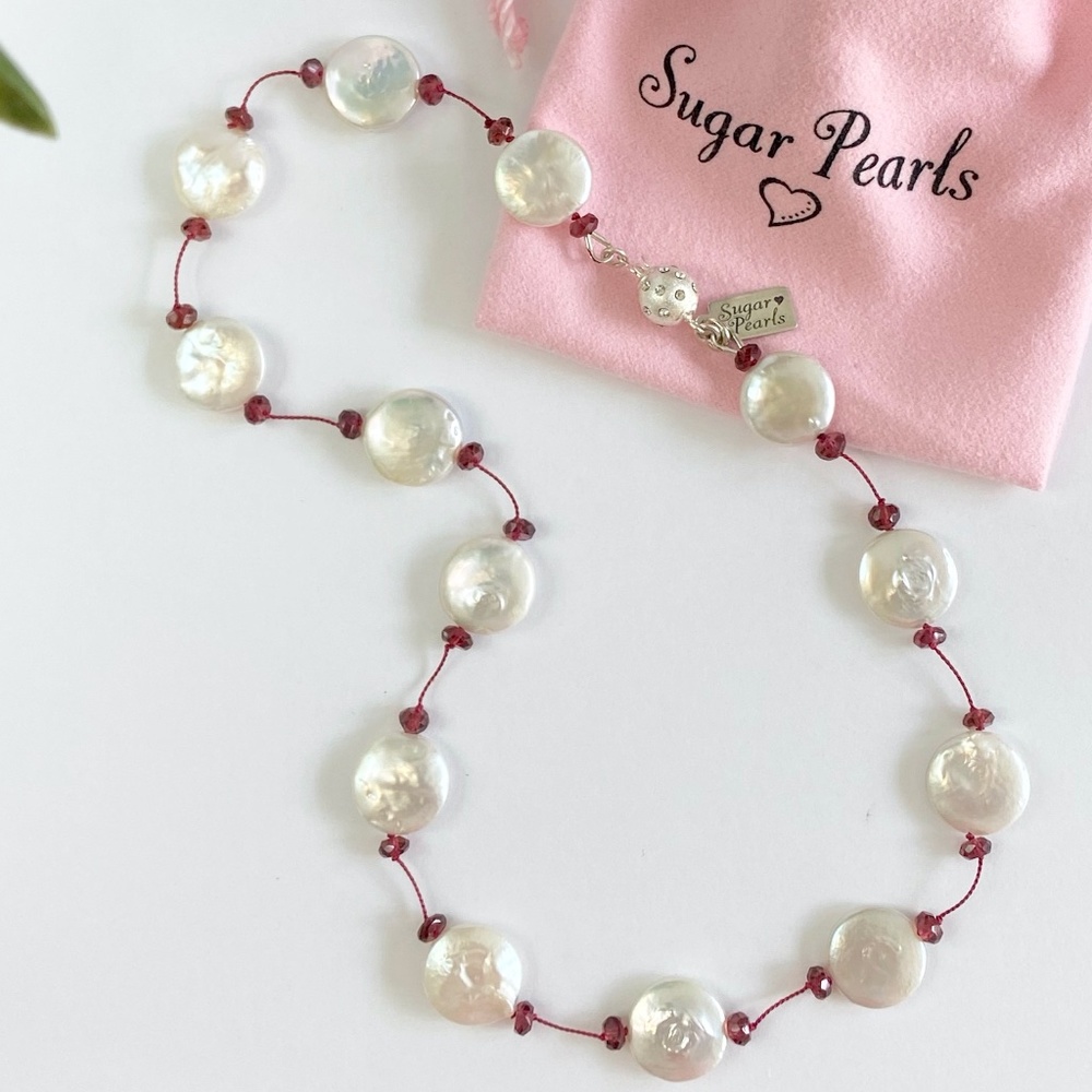 Tin Cup Coin Pearl & Garnet Necklace